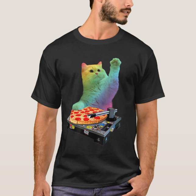 T-shirt DJ Cat Cat DJ Pizza EDM Musique mignonne Blanc Kit (Devant)