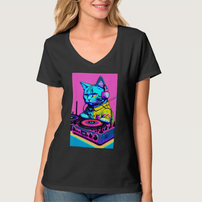 T-shirt DJ Cat Headphones Turntable DJ Mixer Dreamwave Sty (Devant)