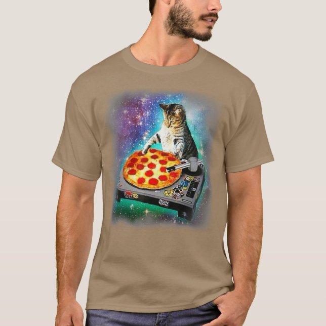 T-shirt DJ Cat mange de la pizza dans la galaxie (Devant)