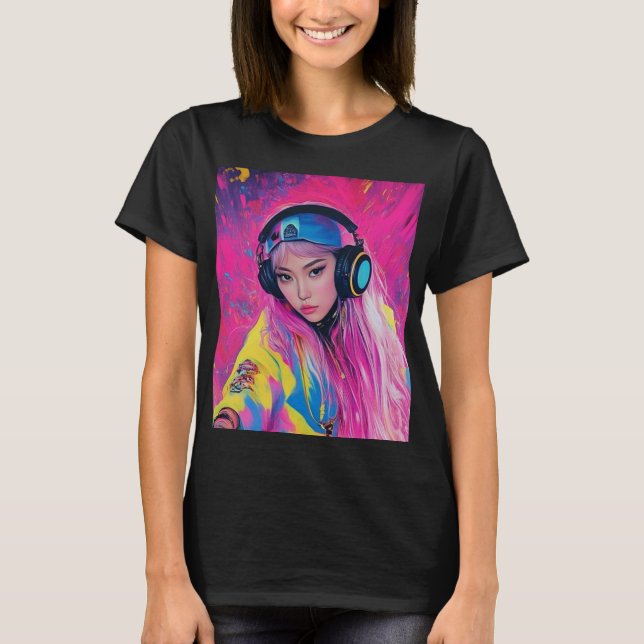 T-shirt DJ fille avec cheveux roses (Devant)