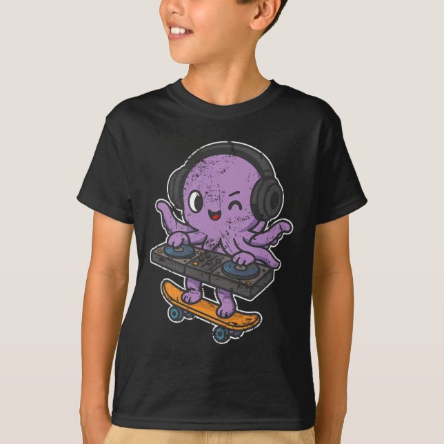 T-shirt Dj Octopus Skate Rétro Dessin Animé  (Devant)