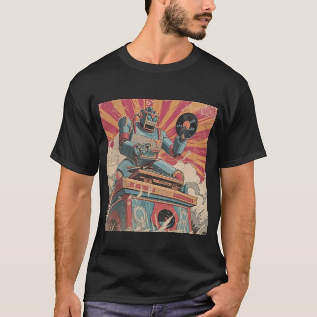 T-shirt DJ Robot Rétro avec Vinyle — Éclair Solaire de Ban (Devant)