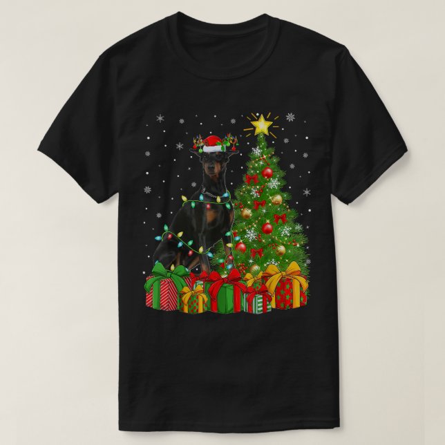 T-shirt Doberman Chien Éclairage Xmas Arbre Santa Chapeau  (Design devant)