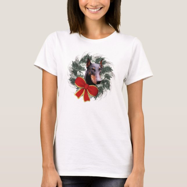 T-shirt Doberman Chien Et Wreath Noël (Devant)