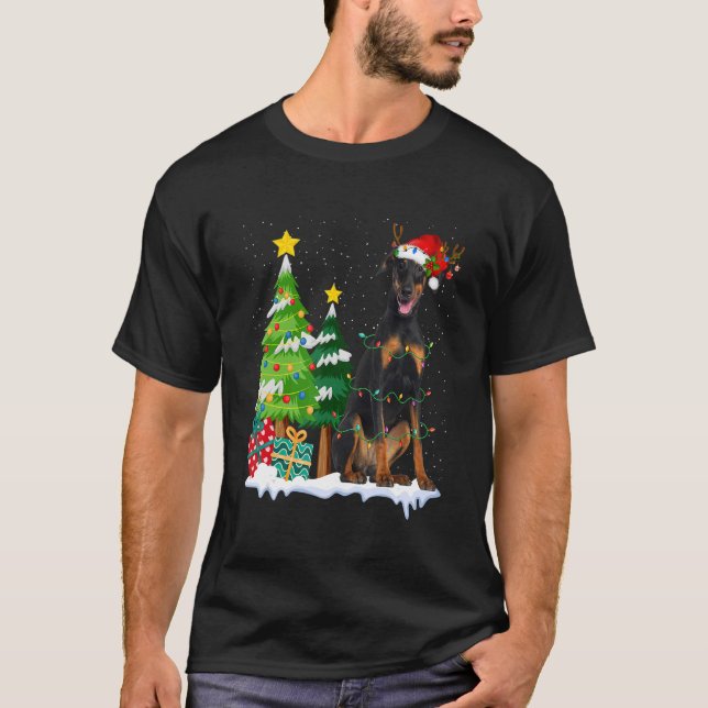 T-shirt Doberman Chien Santa Hat Reindee lumières de Noël (Devant)