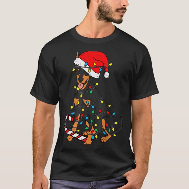 T-shirt Doberman Dog Christmas Lights Santa Xmas Pet Dog L (Devant)