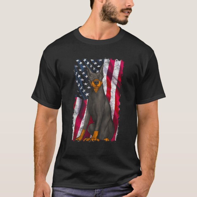 T-shirt Doberman Pinscher American Flag 4th of July US Pat (Devant)