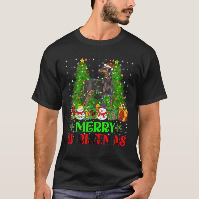 T-shirt Doberman Pinscher Chien Noël Arbre Lumières Vacanc (Devant)