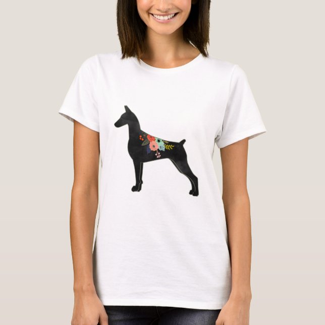 T-shirt Doberman Pinscher Chien race Boho Floral Silhouett (Devant)
