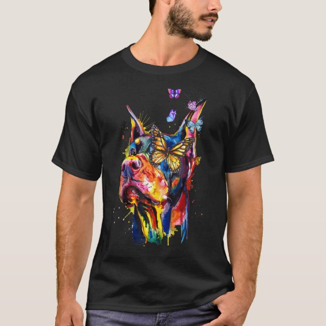T-shirt Doberman Pinscher Éclaboussure Papillons Chien (Devant)