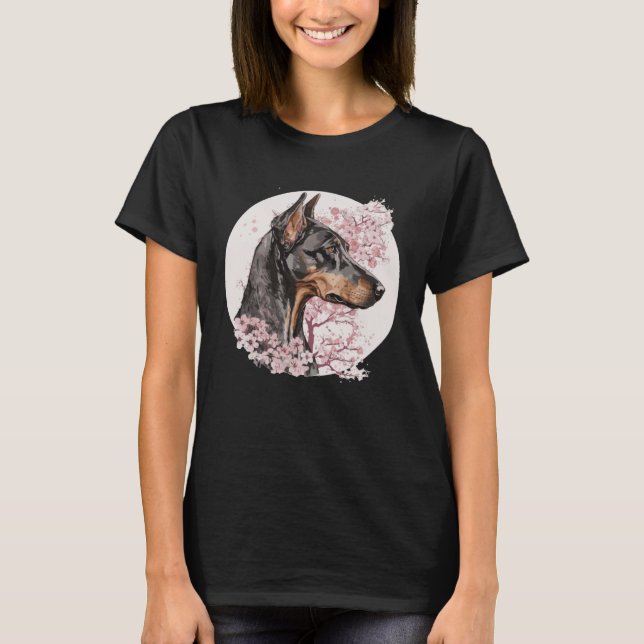 T-shirt Dobermann Cherry Blossom Dog Breed Japanese Waterc (Devant)