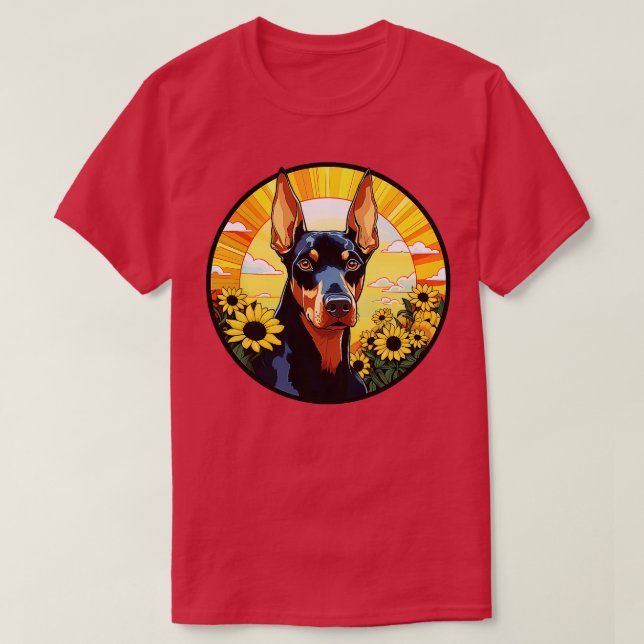 T-shirt Dobermann Pinscher Fleur Coucher de soleil mignon  (Design devant)