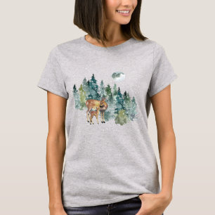 T-shirt Doe Fawn Deer Forest Pleine lune Snowfall Noël