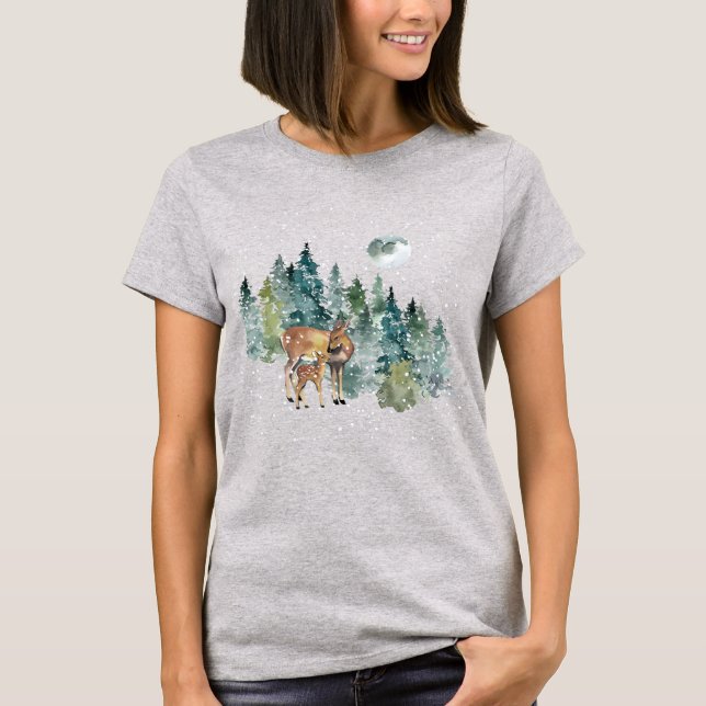 T-shirt Doe Fawn Deer Forest Pleine lune Snowfall Noël (Devant)