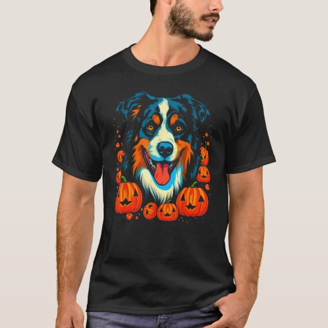 T-shirt Dog Australian Shepherd Cute Halloween Pumpkin (Devant)