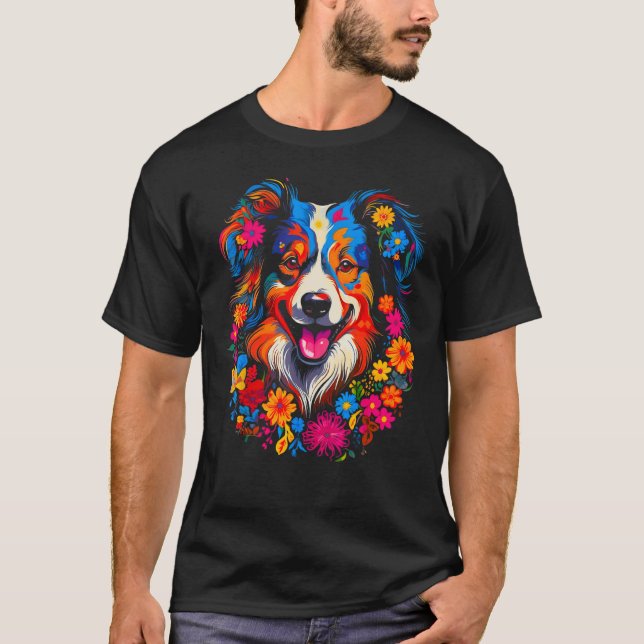 T-shirt Dog Australian Shepherd Love Peace Flowers (Devant)