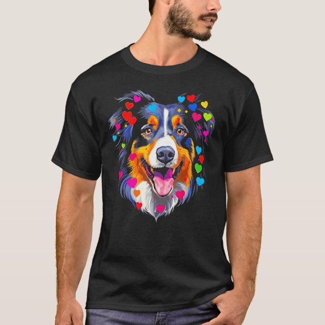 T-shirt Dog Australian Shepherd Red Blue Pink Heart (Devant)