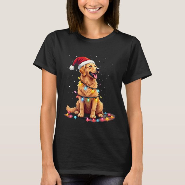 T-shirt Dog Golden Retriever Santa Christmas Xmas Lights ( (Devant)