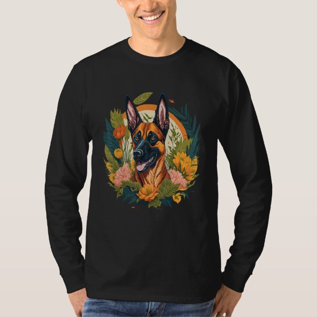 T-shirt Dog Lover Smiling Belgian Malinois Dog Flowers Flo (Devant)