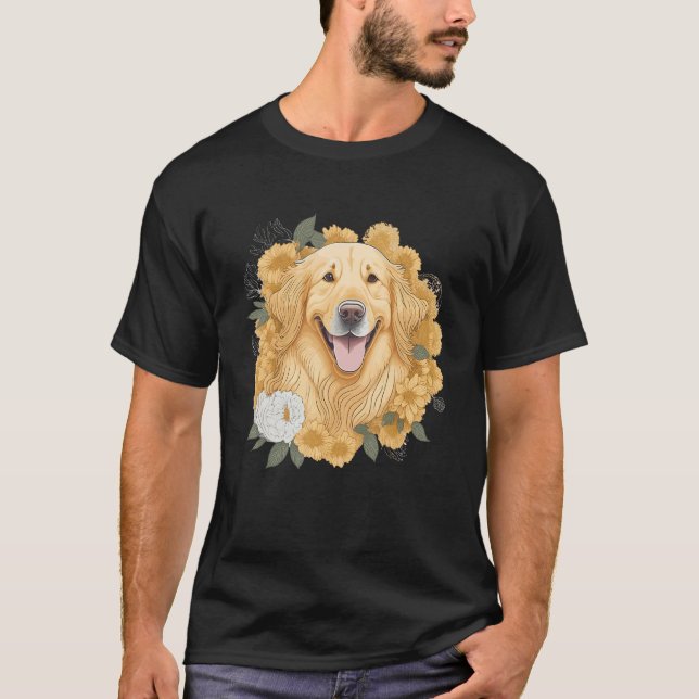 T-shirt Dog Lover Women Golden Retriever Flower Print Flor (Devant)