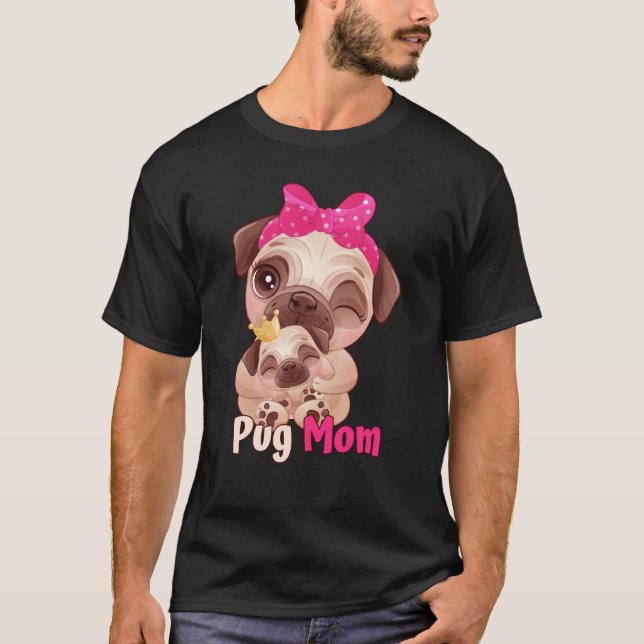 T-shirt Dog  Pink Bow Cute Pug Mom (Devant)