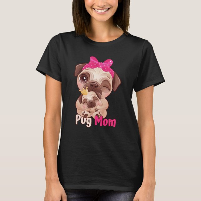 T-shirt Dog  Pink Bow Cute Pug Mom (Devant)