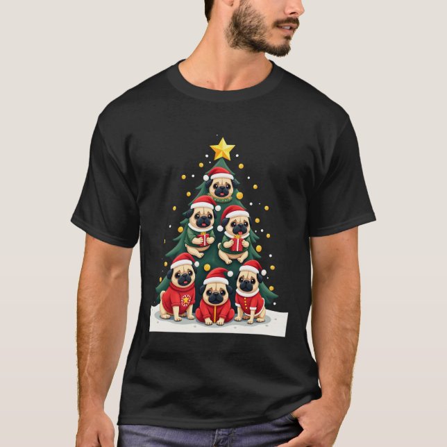 T-shirt Dog Pugs Christmas Tree Cute Xmas (4) (Devant)