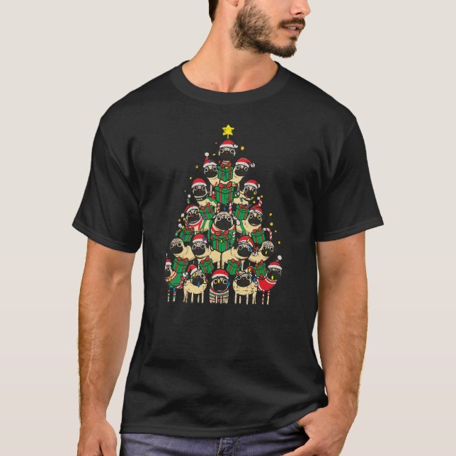 T-shirt Dog Pugs Christmas Tree Cute Xmas Boys Girls Kids  (Devant)