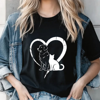 T-shirt Dog Puppy & Baby Cat Heart Tee ,Pet Lover Shirt