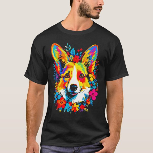 T-shirt Dog Welsh Corgi Flowers Peace (Devant)