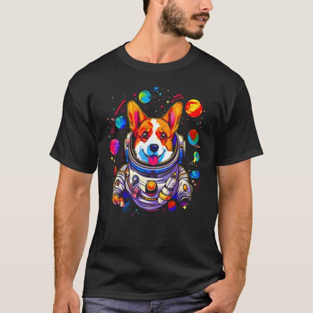 T-shirt Dog Welsh Corgi Planet Space Astronaut (Devant)