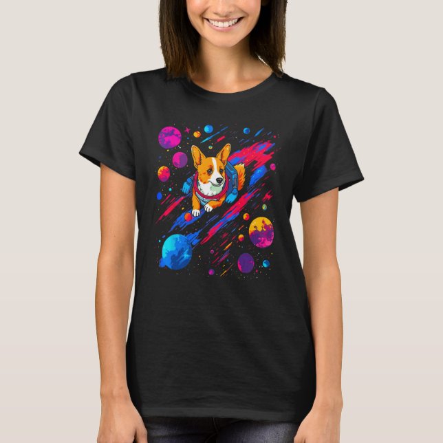 T-shirt Dog Welsh Corgi Space Planet Universe (Devant)