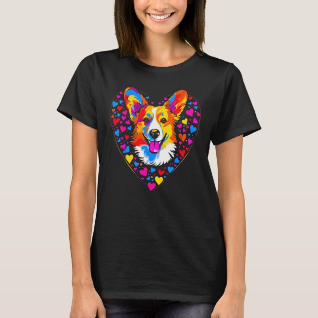 T-shirt Dog Welsh Corgi Yellow Blue Red Heart (Devant)