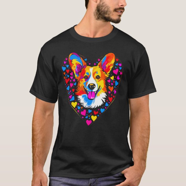 T-shirt Dog Welsh Corgi Yellow Blue Red Heart (Devant)