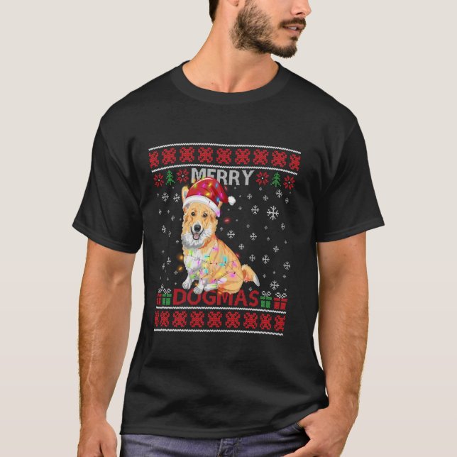 T-shirt Dogmas joyeux et moche Corgi Chien Santa Hat Lumiè (Devant)