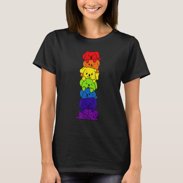 T-shirt Dogs Stack Rainbow LGBT Gay Les Trans Pride Pet (Devant)