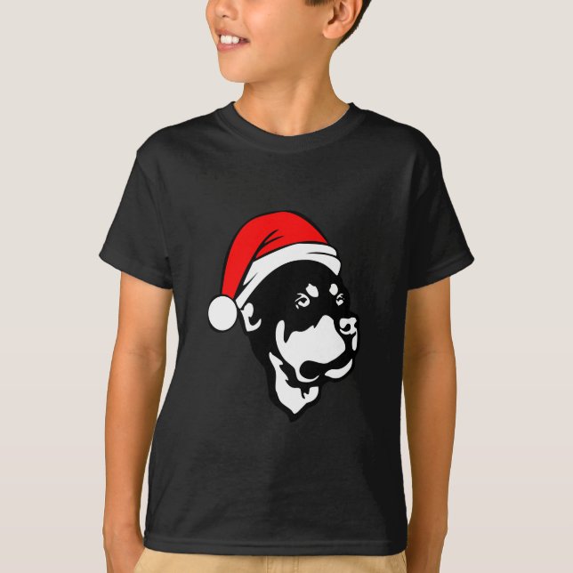 T-shirt Doigt Rottweiler portant le chapeau de Noël rouge (Devant)