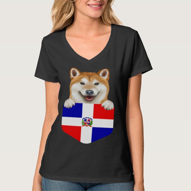 T-shirt Dominican Republic Flag Shiba Inu Dog In Pocket (Devant)