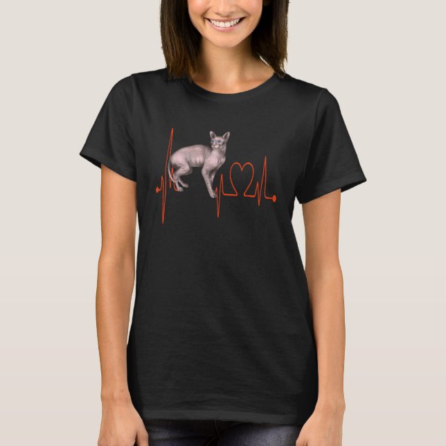 T-shirt Don Sphynx Cat Heartbeat EKG  I Love My Hairless C (Devant)