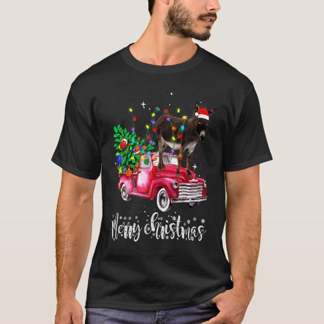 T-shirt Donkey Riding Red Truck Xmas Merry Christmas (Devant)