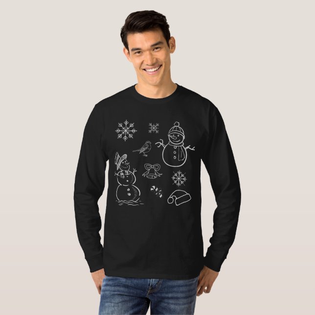 T-shirt Doodle de Noël Snowman Funny noir et blanc (Devant entier)