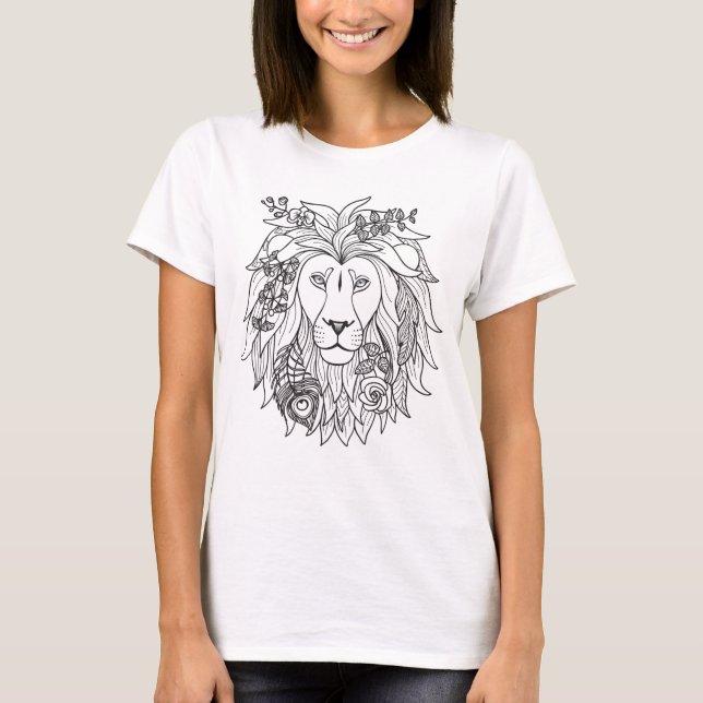 T-shirt Doodle Lion Et Fleurs (Devant)