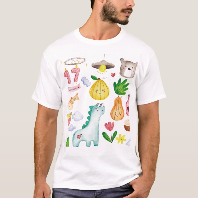 T-shirt Doodles d'aquarelle Kawaii, autocollant prêt. (Devant)