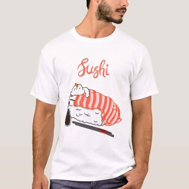T-shirt Dormir sur le chat sur le sushi (Devant)