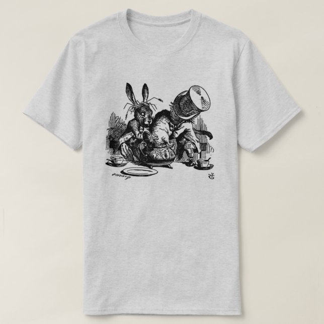 T-shirt Dormouse Mad Hatter pour hommes dans le Teapot B&W (Design devant)