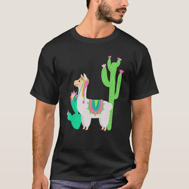 T-shirt Doux lama avec fleur et cactus   Camélidé   tenue (Devant)