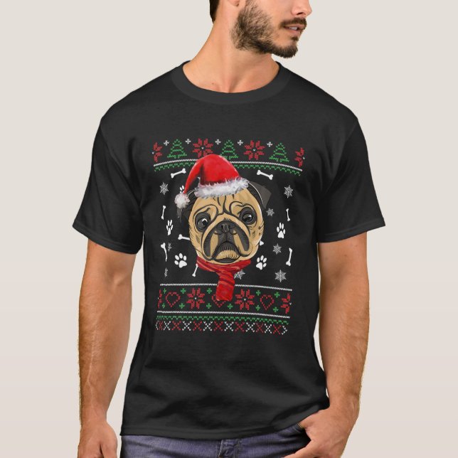 T-shirt Doux moche Carlin de Noël Chien Santa Hat Pajama X (Devant)