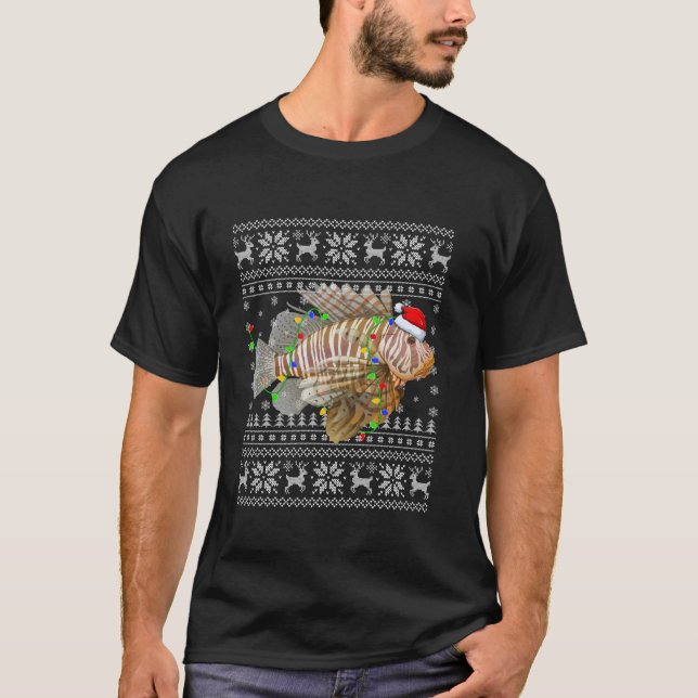 T-shirt Doux moche Noël éclaire Santa Chapeau Lionfish Chr (Devant)
