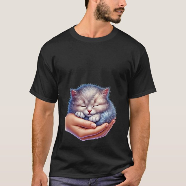 T-shirt Doux petit chat gris endormi dans la main Tiny Cat (Devant)