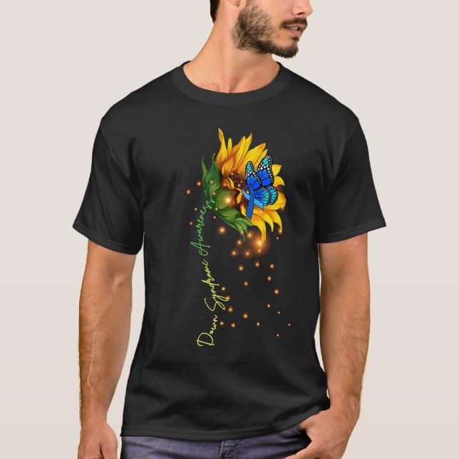 T-shirt Down Syndrome Sunflower  Yellow Blue Ribbon (Devant)